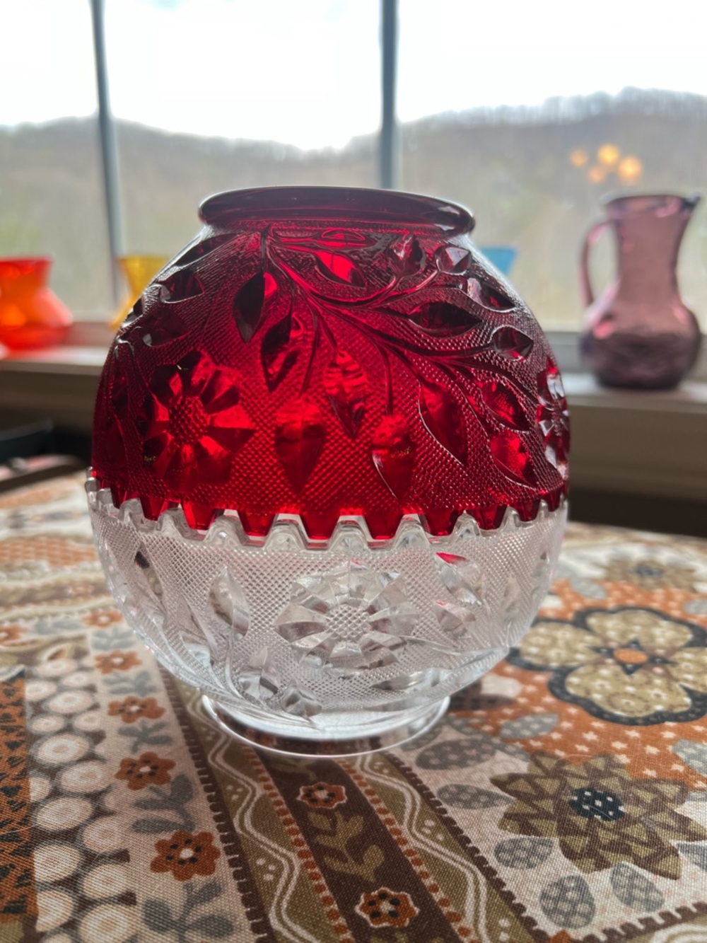 Westmoreland Fireball Wildflower and Lace Fairy Lamp - Red Shade & Clear Base